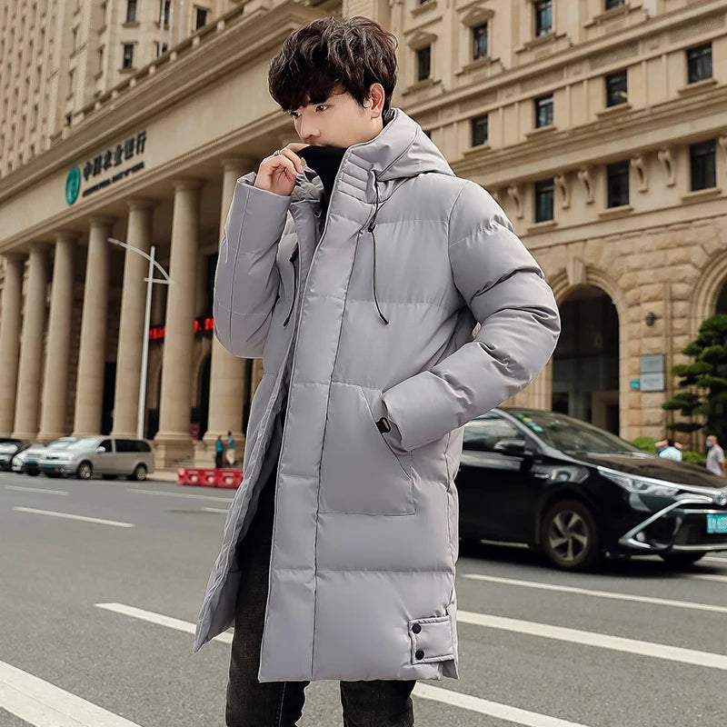 Casaco solto com capuz elegante e quente para homens montanhismo ao ar livre jaqueta acolchoada de algodão casaco masculino casual de comprimento médio