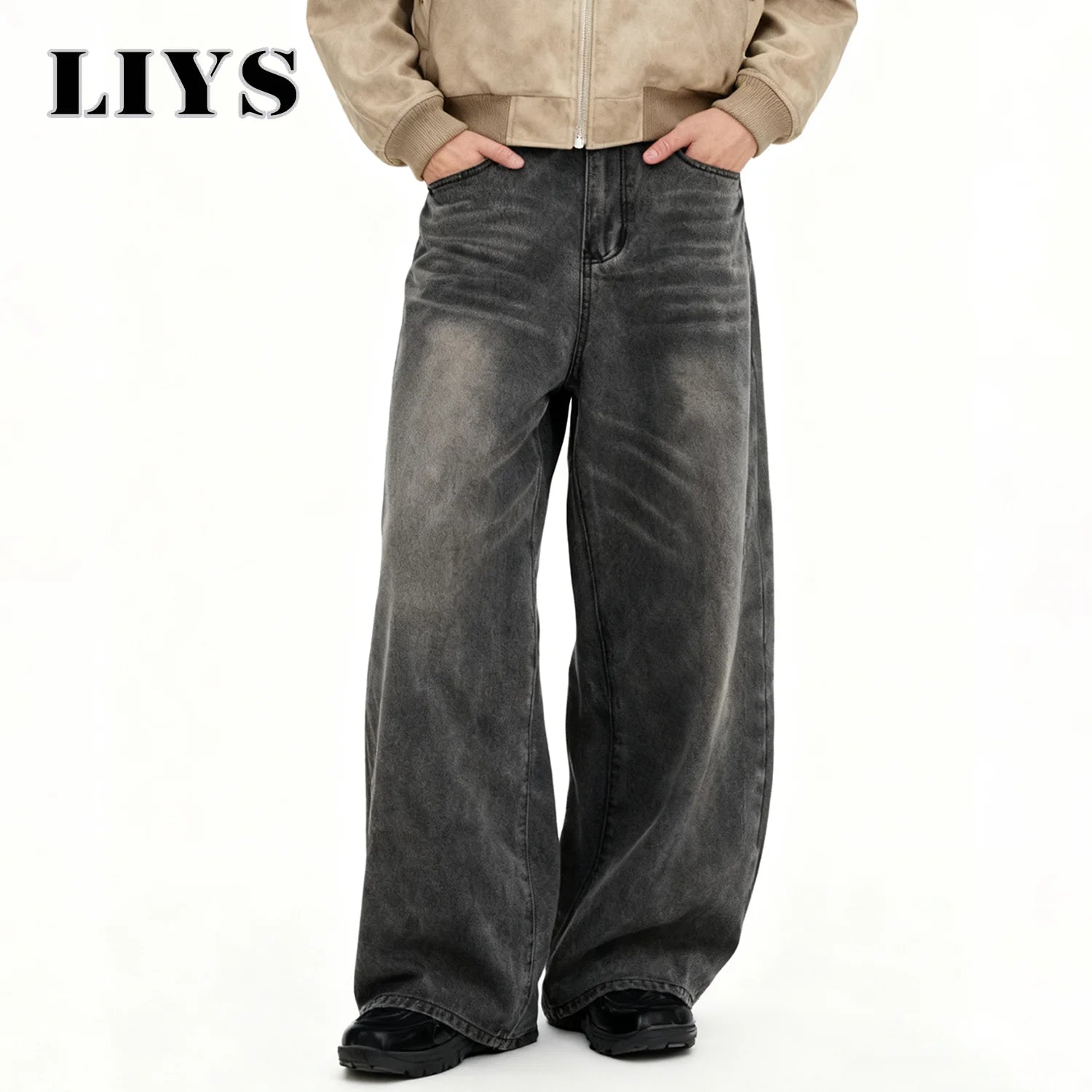 Calças Jeans Masculinas Americanas Retro Cinza, Largas e Confortáveis, Estilo Casual para o Dia a Dia, Calças de Denim de Perna Reta para Quatro Estações
