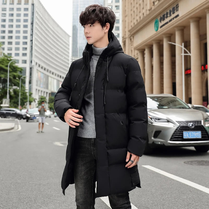 Casaco solto com capuz elegante e quente para homens montanhismo ao ar livre jaqueta acolchoada de algodão casaco masculino casual de comprimento médio