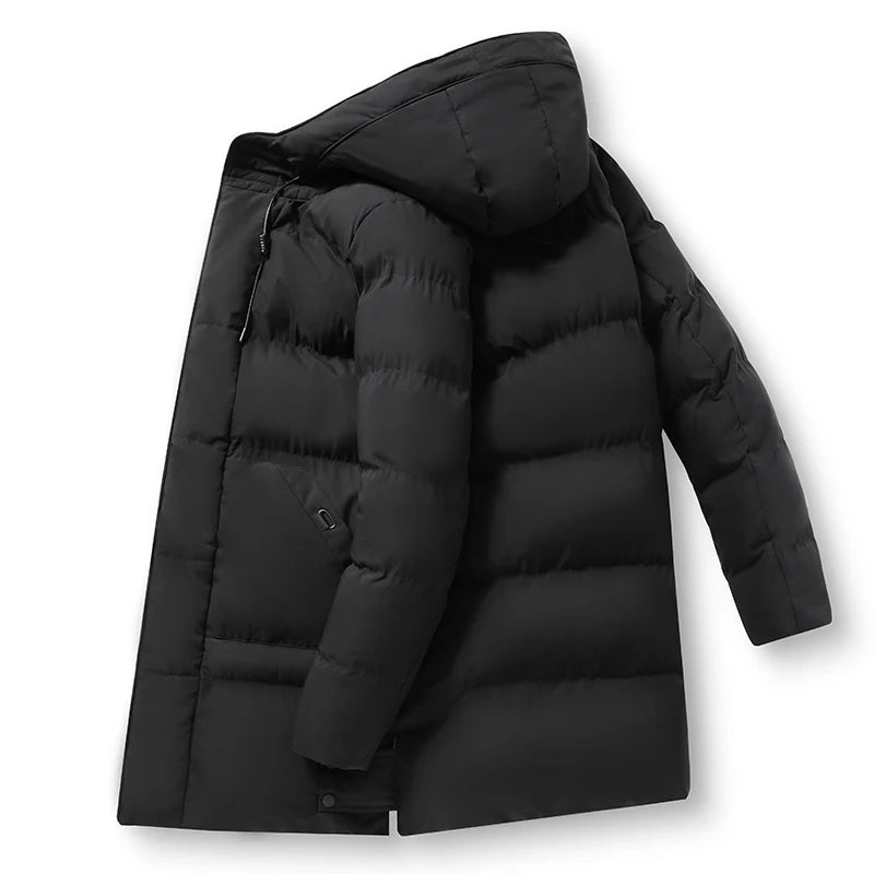 Casaco solto com capuz elegante e quente para homens montanhismo ao ar livre jaqueta acolchoada de algodão casaco masculino casual de comprimento médio