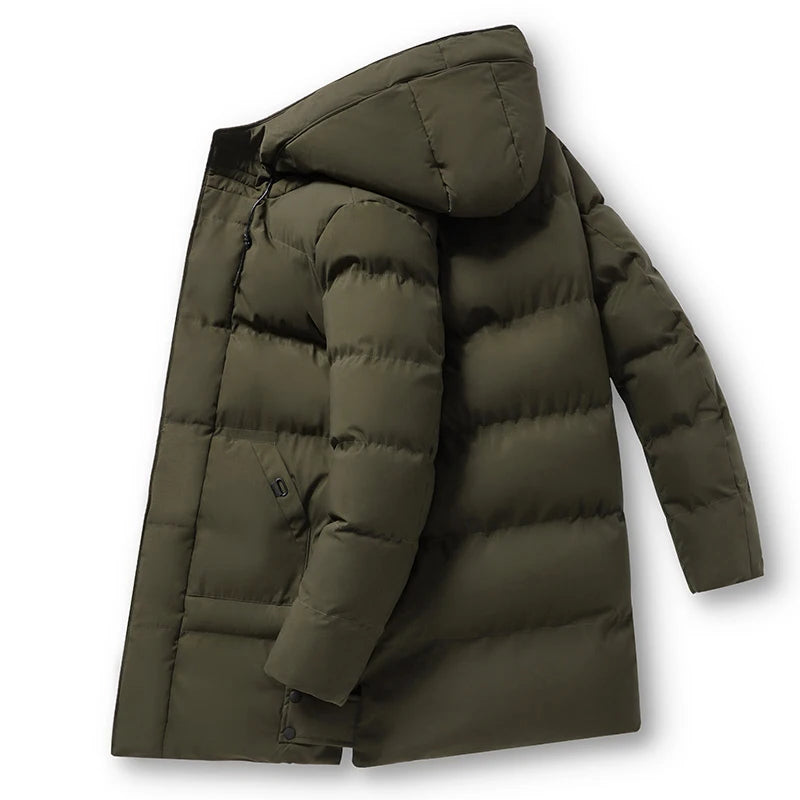 Casaco solto com capuz elegante e quente para homens montanhismo ao ar livre jaqueta acolchoada de algodão casaco masculino casual de comprimento médio