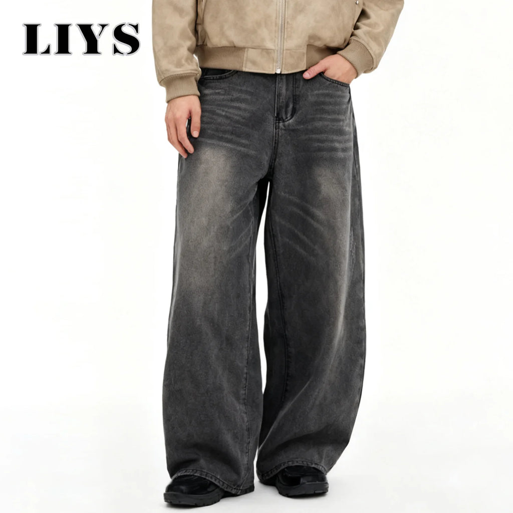 Calças Jeans Masculinas Americanas Retro Cinza, Largas e Confortáveis, Estilo Casual para o Dia a Dia, Calças de Denim de Perna Reta para Quatro Estações