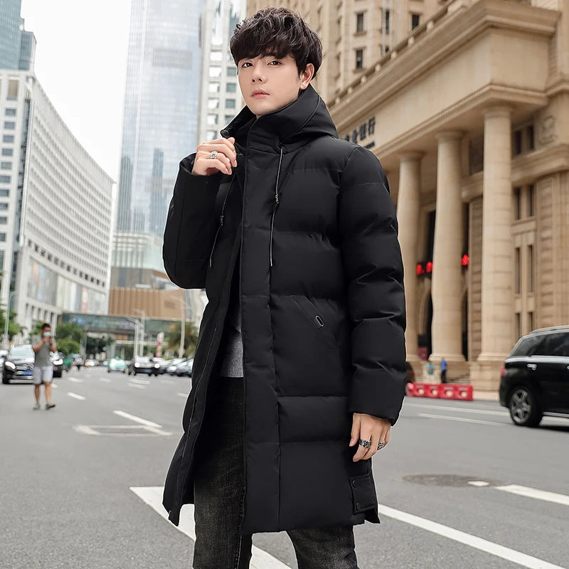 Casaco solto com capuz elegante e quente para homens montanhismo ao ar livre jaqueta acolchoada de algodão casaco masculino casual de comprimento médio