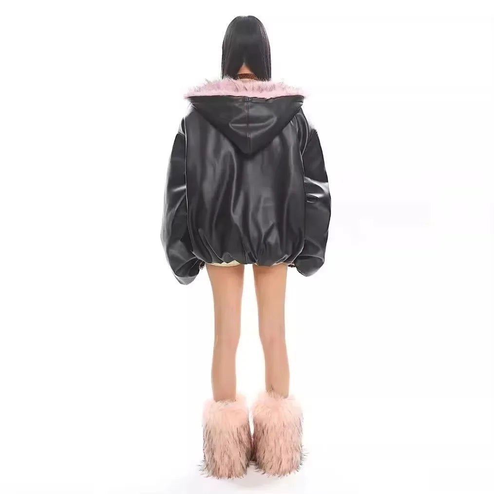 Americano vintage jaqueta feminina casual pele do falso manga longa com capuz y2k subcultura cor pura acolchoado casaco harajuku streetwear