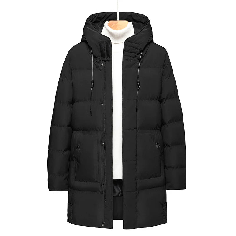 Casaco solto com capuz elegante e quente para homens montanhismo ao ar livre jaqueta acolchoada de algodão casaco masculino casual de comprimento médio