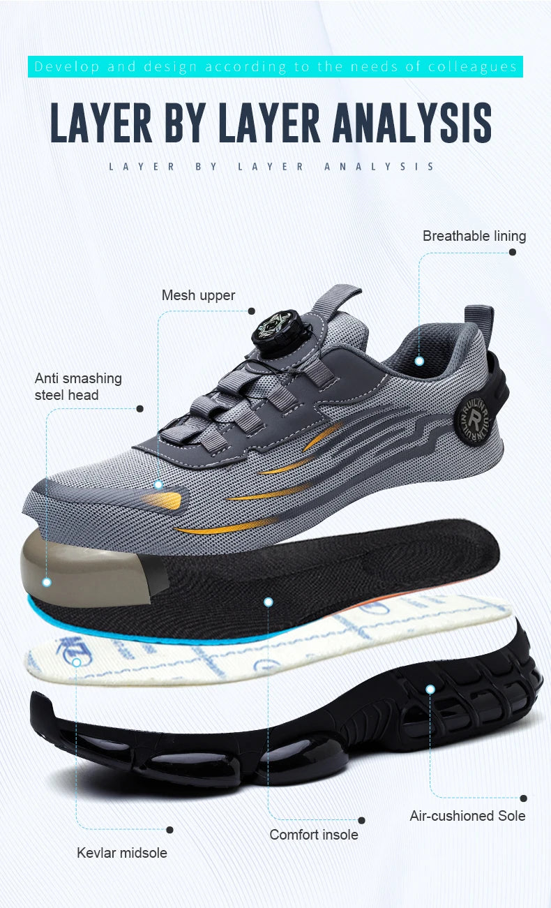 Sapatos de segurança de proteção de dedo do pé de aço indestrutível antiderrapante resistente à abrasão sapatos de trabalho masculino tênis resistente e confortável ﻿