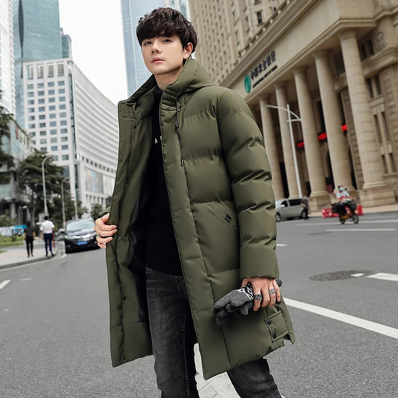 Casaco solto com capuz elegante e quente para homens montanhismo ao ar livre jaqueta acolchoada de algodão casaco masculino casual de comprimento médio