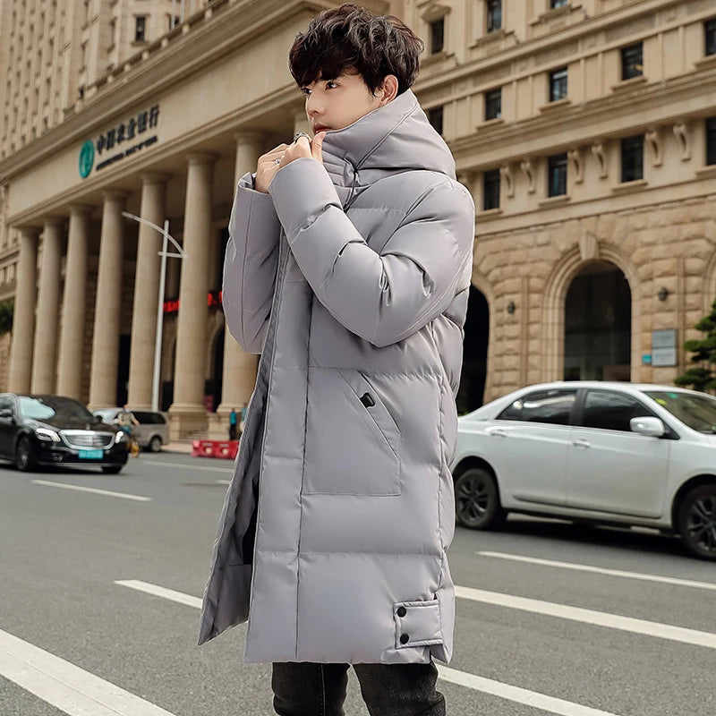 Casaco solto com capuz elegante e quente para homens montanhismo ao ar livre jaqueta acolchoada de algodão casaco masculino casual de comprimento médio