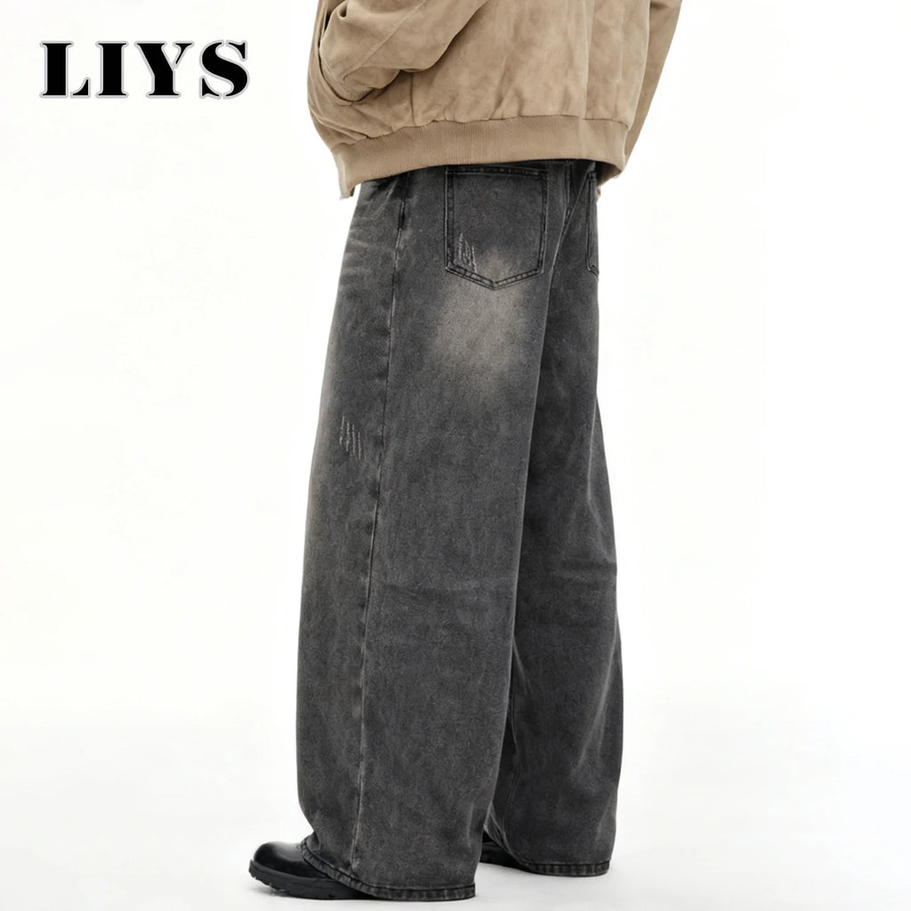 Calças Jeans Masculinas Americanas Retro Cinza, Largas e Confortáveis, Estilo Casual para o Dia a Dia, Calças de Denim de Perna Reta para Quatro Estações