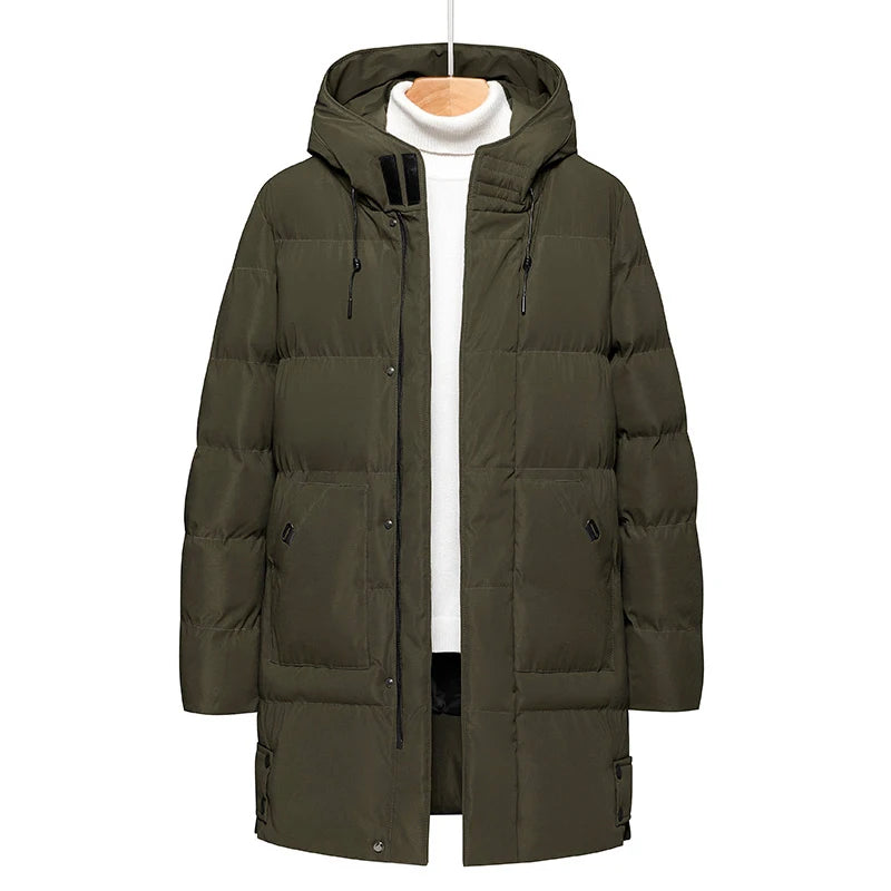 Casaco solto com capuz elegante e quente para homens montanhismo ao ar livre jaqueta acolchoada de algodão casaco masculino casual de comprimento médio