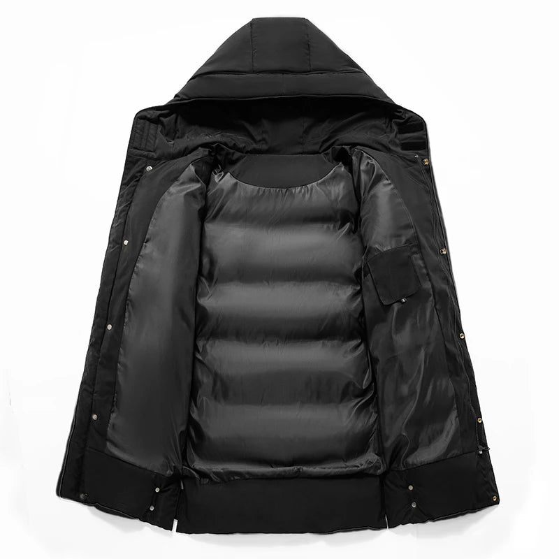 Casaco solto com capuz elegante e quente para homens montanhismo ao ar livre jaqueta acolchoada de algodão casaco masculino casual de comprimento médio