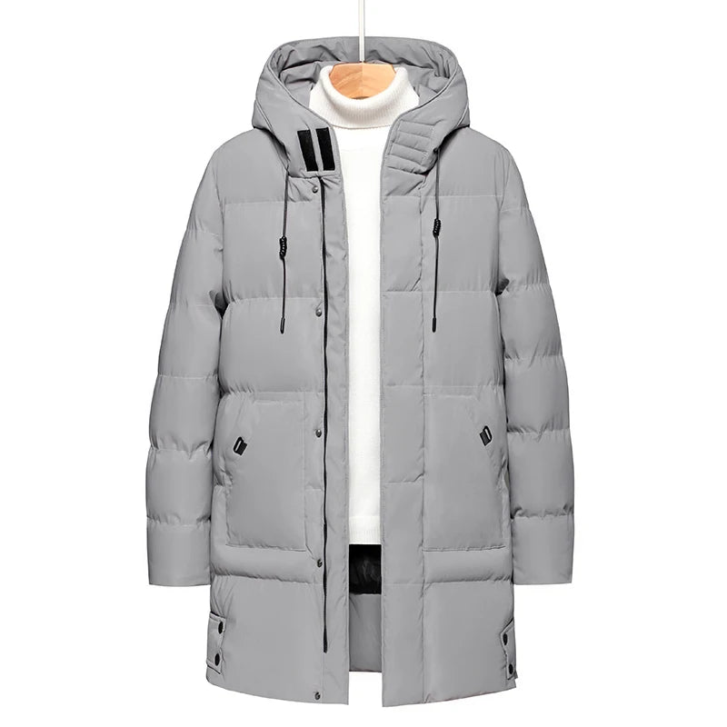 Casaco solto com capuz elegante e quente para homens montanhismo ao ar livre jaqueta acolchoada de algodão casaco masculino casual de comprimento médio