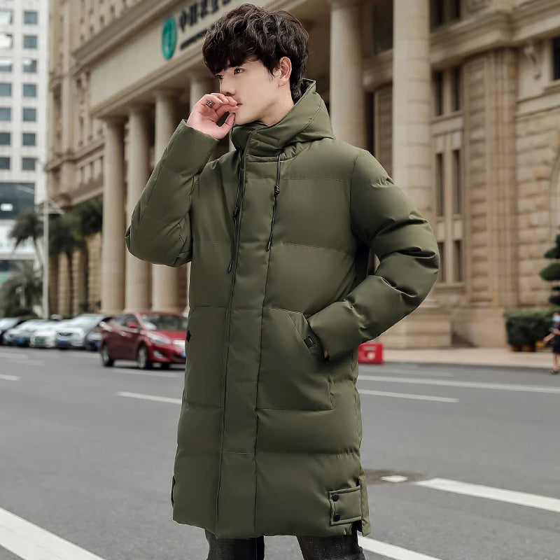 Casaco solto com capuz elegante e quente para homens montanhismo ao ar livre jaqueta acolchoada de algodão casaco masculino casual de comprimento médio