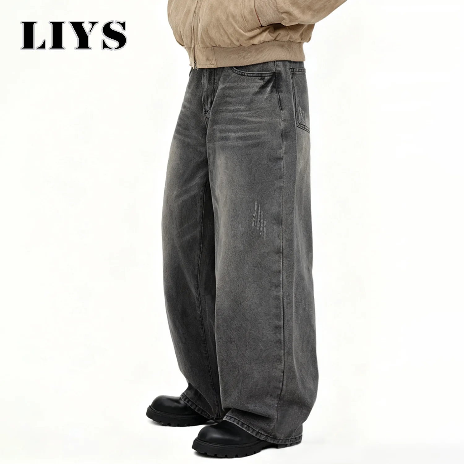 Calças Jeans Masculinas Americanas Retro Cinza, Largas e Confortáveis, Estilo Casual para o Dia a Dia, Calças de Denim de Perna Reta para Quatro Estações