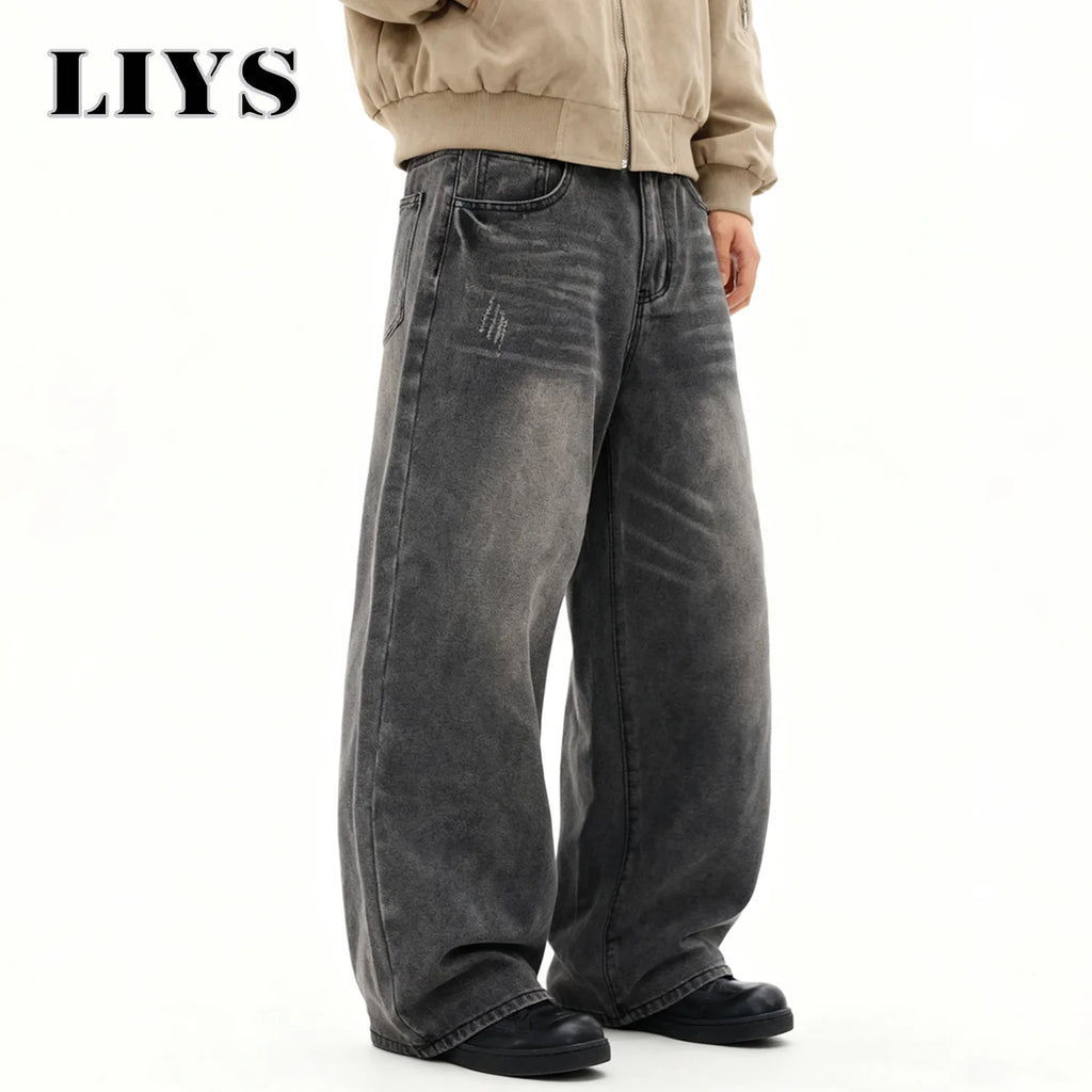 Calças Jeans Masculinas Americanas Retro Cinza, Largas e Confortáveis, Estilo Casual para o Dia a Dia, Calças de Denim de Perna Reta para Quatro Estações