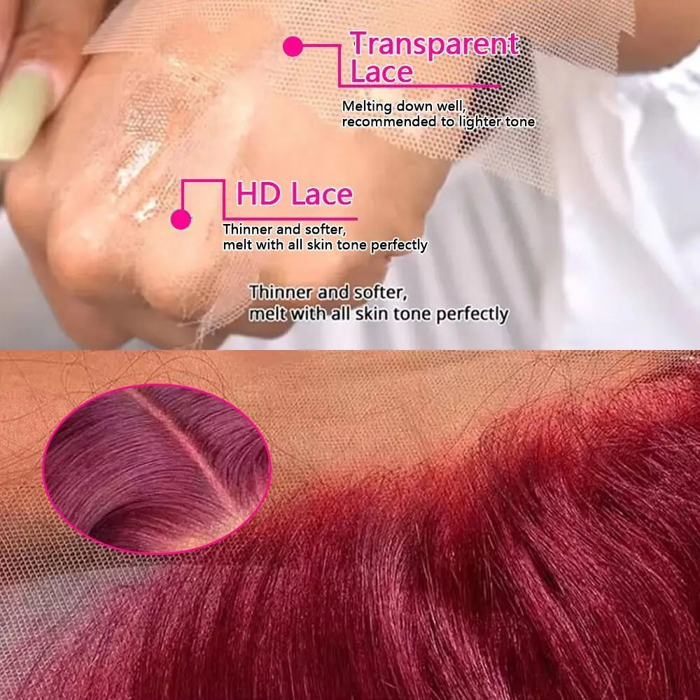 Borgonha HD laço frontal peruca de cabelo humano para mulheres, peruca frontal reta, perucas coloridas, 99J, 200 alta densidade, 13x6